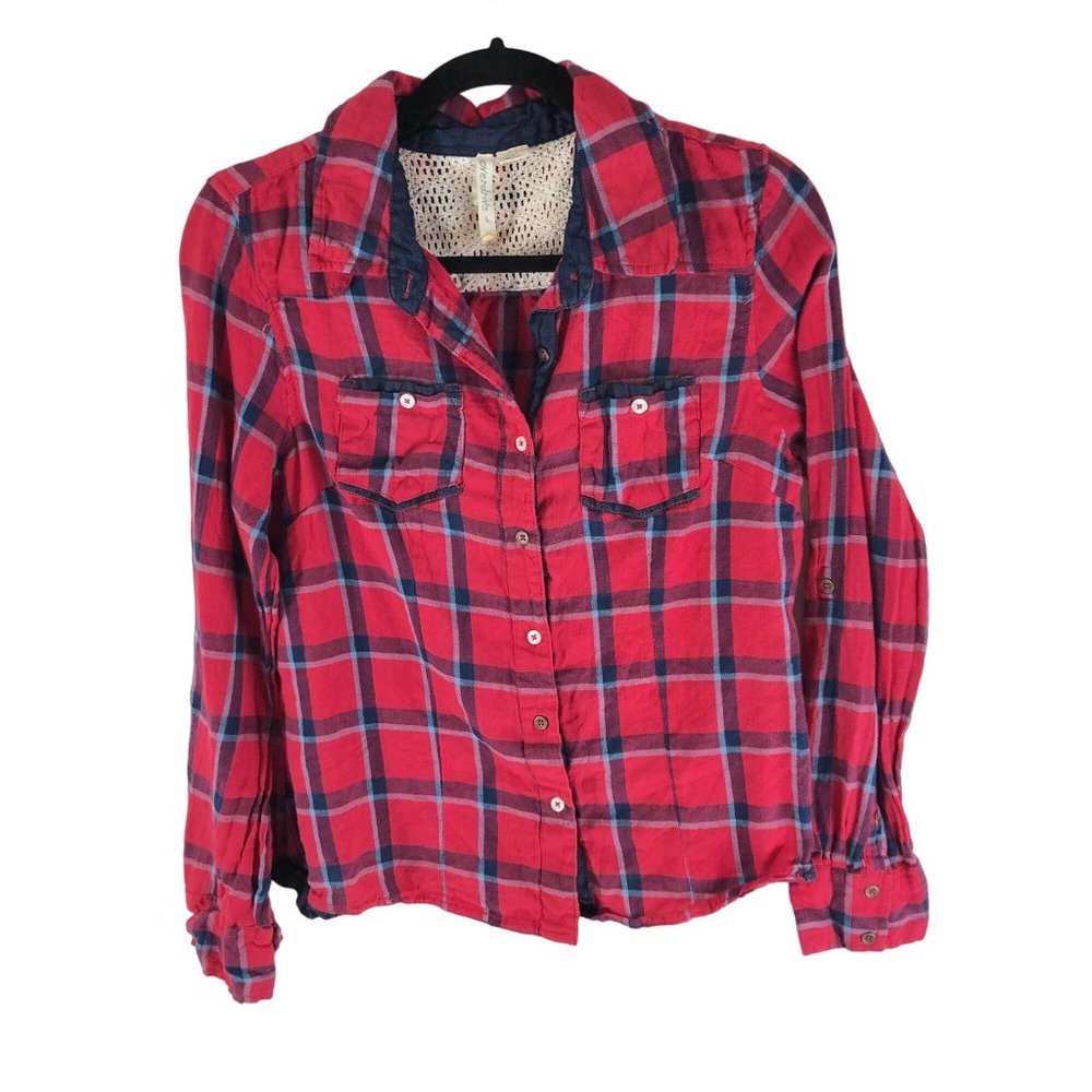 Overdrive Womens Flannel Shirt Button Down Pockets Plaid Red Blue L